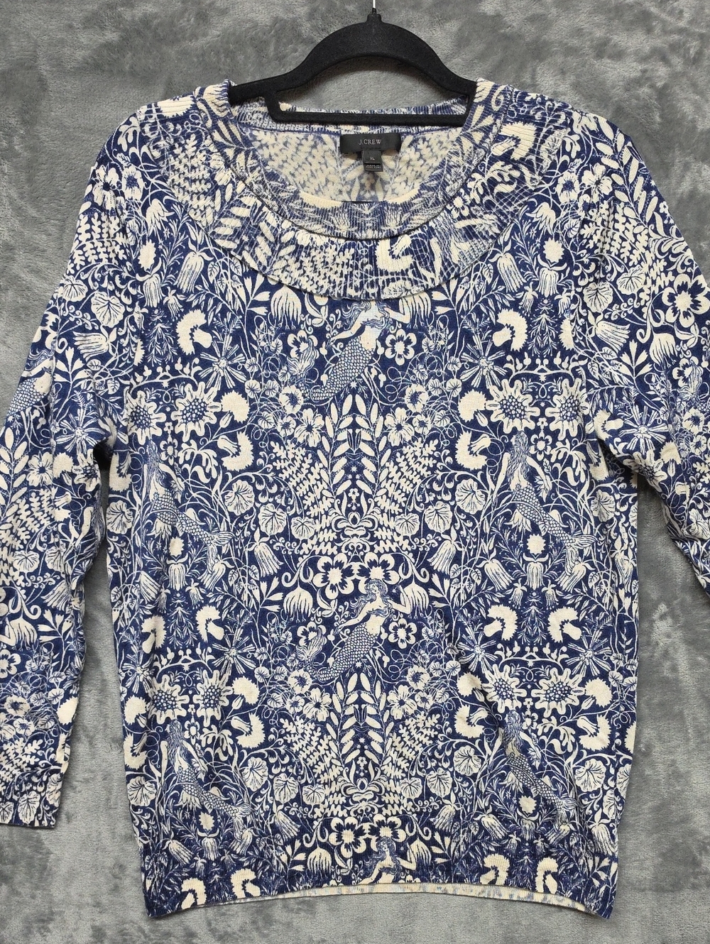J. Crew Navy and White Floral Bird Wool Print Pullover sweater sz XL